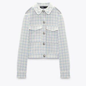 Zara Light textured Blue Checkered Jacket women classic  size S